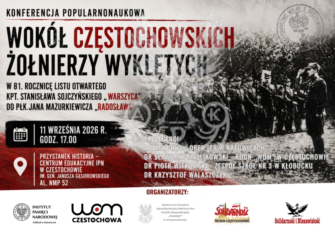 plakat Konferencja popularnonaukowa: Wokół częstochowskich żołnierzy wyklętych.