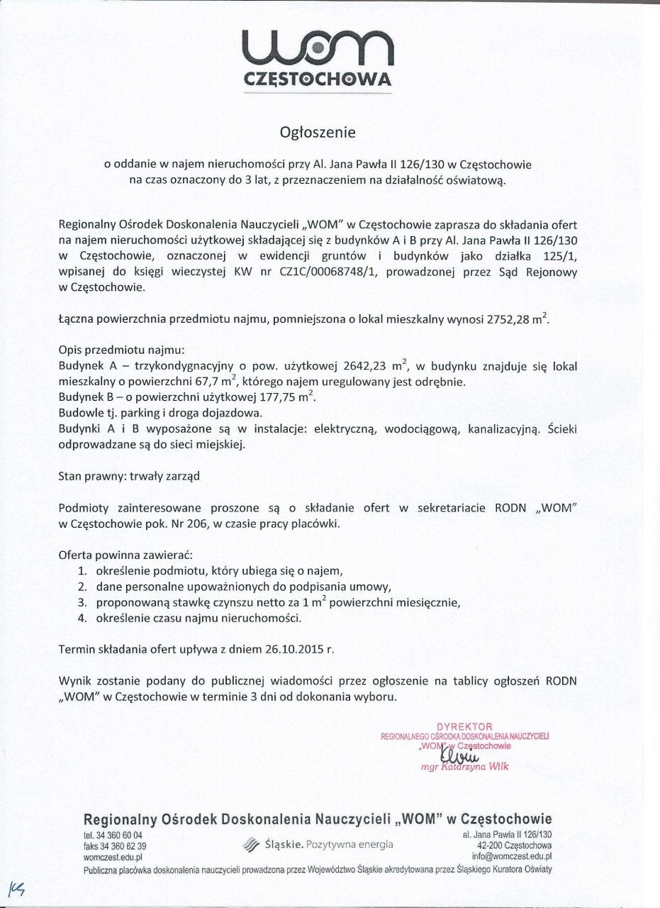 treść ogłoszenia o oddanie w najem nieruchowmości
