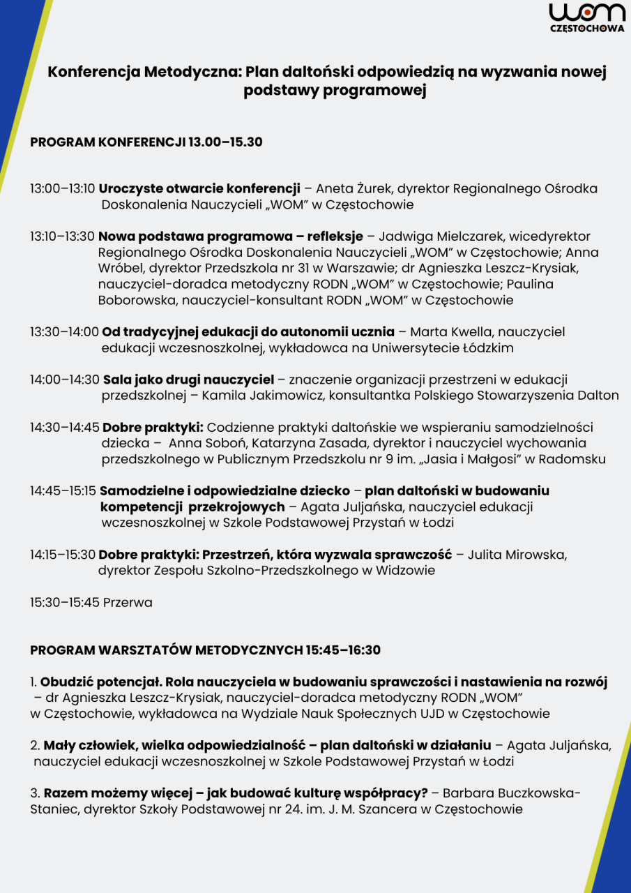 Program Konferencji Metodycznej - Plan daltoński odpowiedzią na wyzwania nowej podstawy programowej